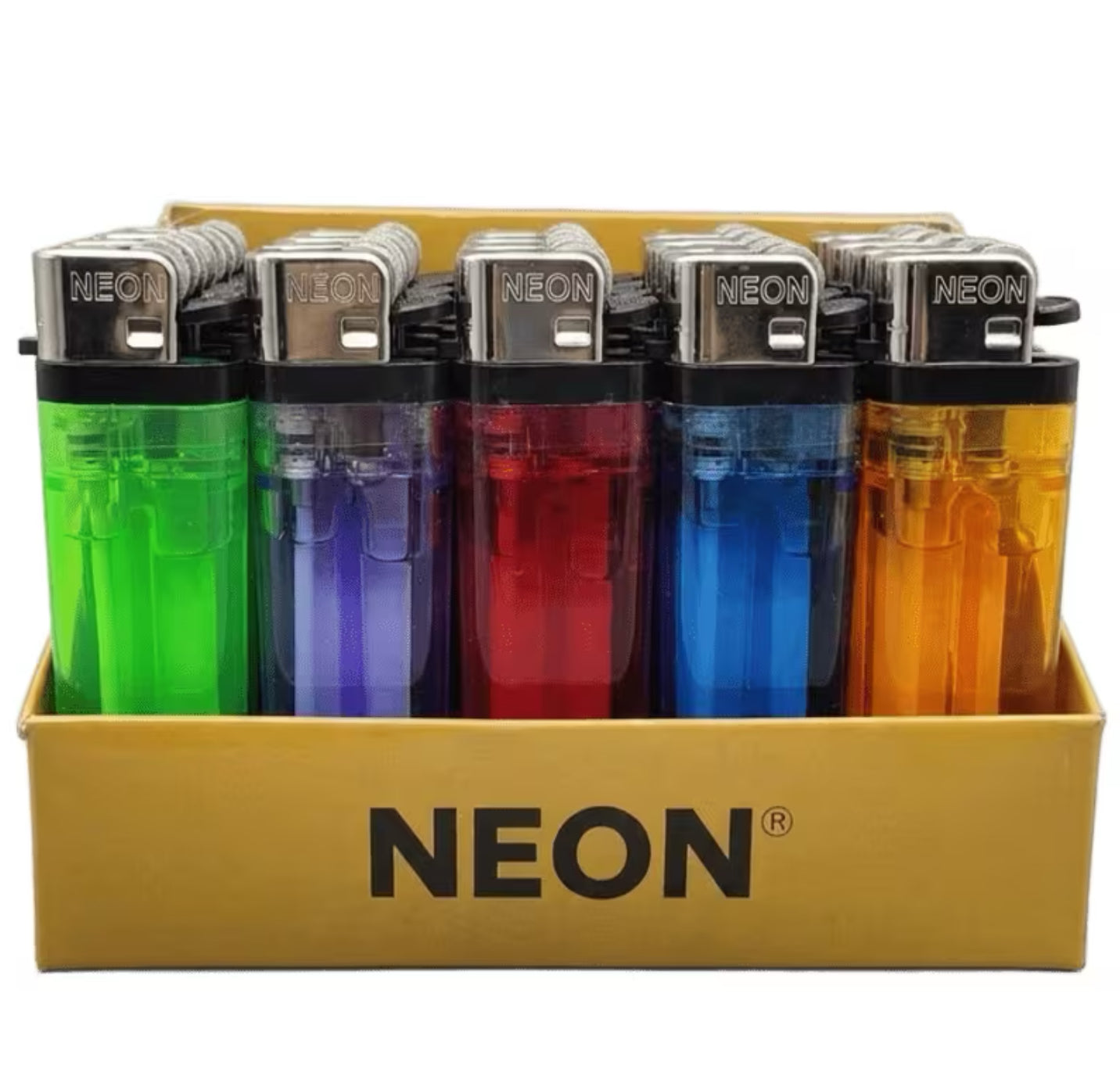 Set of colorful lighters in a Neon distribution branded box