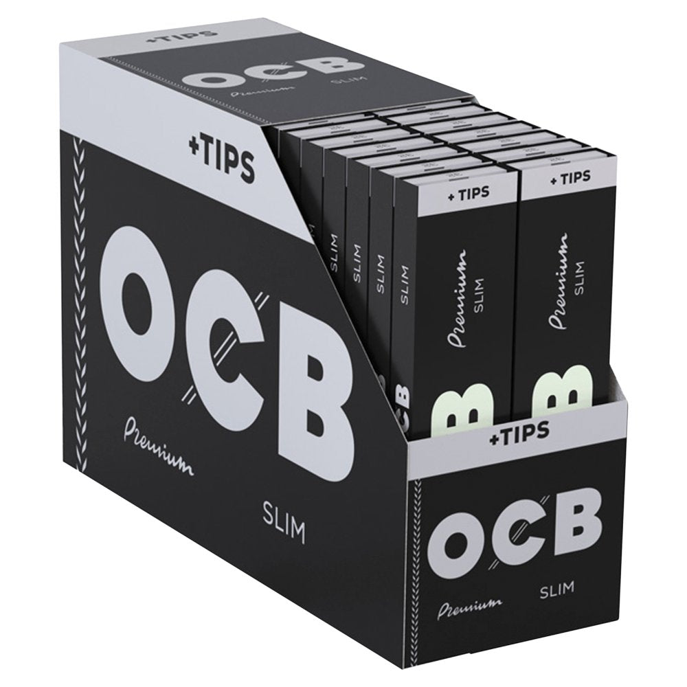 OCB Premium Slim rolling paper packaging with multiple packs displayed.