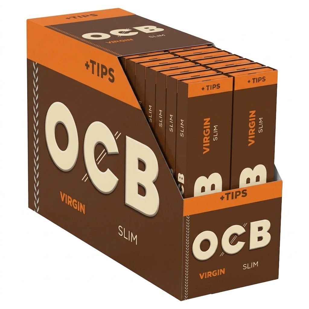 OCB Virgin Slim rolling paper packaging with multiple packs displayed.