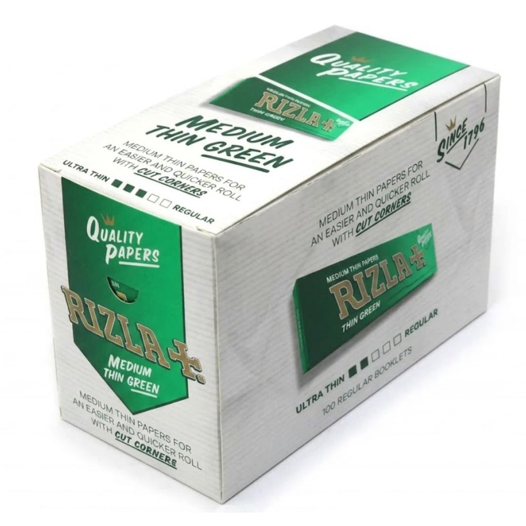 Box of Rizla green rolling papers on a white background