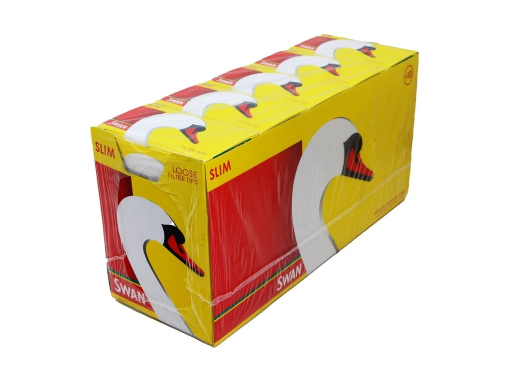 A shrink-wrapped cardboard box of Swab Slim loose filter tips, featuring a bright yellow and red design with a large white swan graphic.